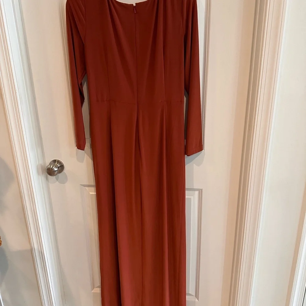 Elegant Burnt Sienna Long Sleeve Ruched Formal Gown- Size 14 - Picture 3 of 6